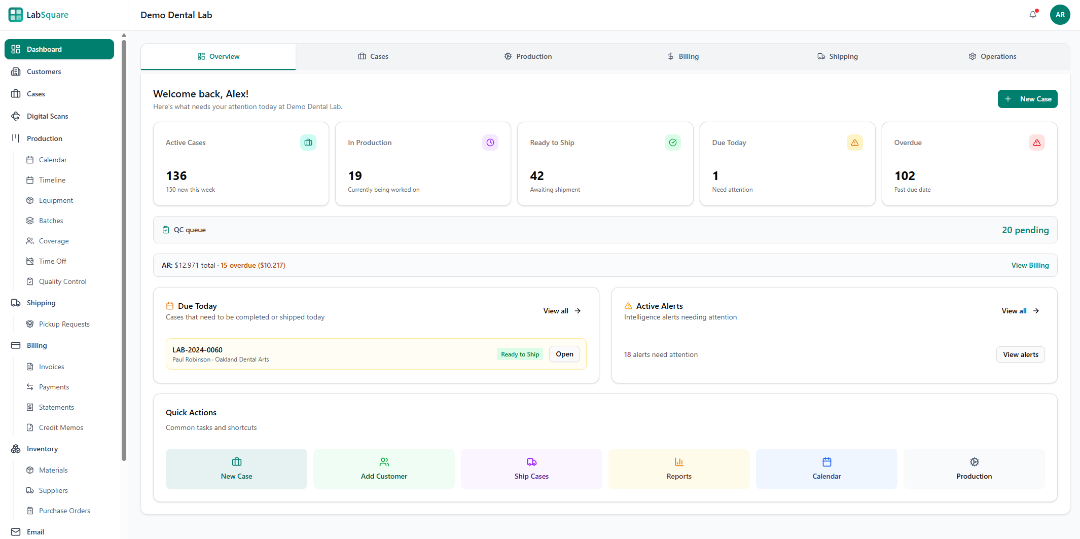 LabSquare dashboard showing case management, production tracking, and invoicing